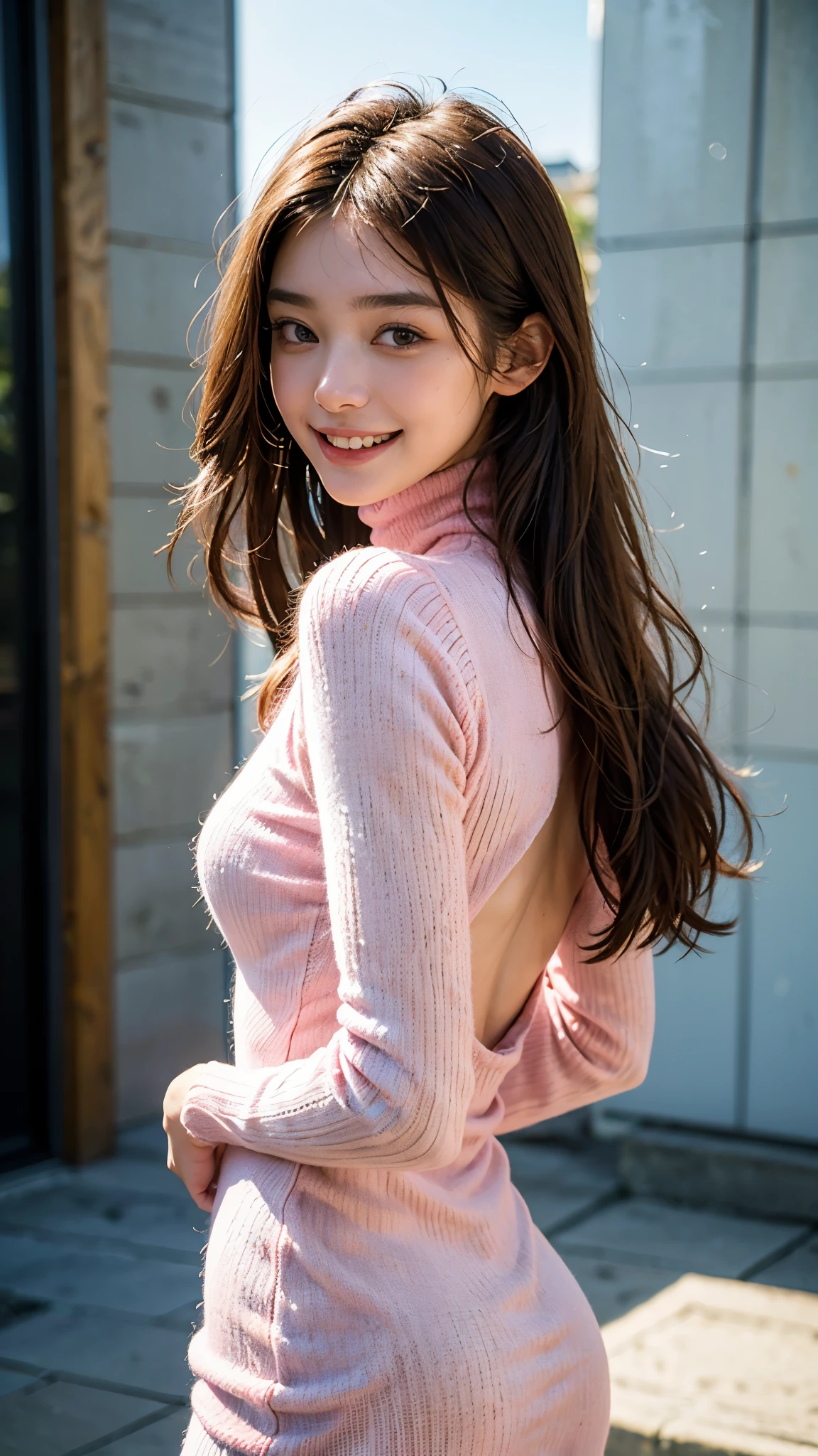 highest quality, masterpiece, ultra high resolution, (realistic:1.4), (close portrait) Raw photo, 1 girl, 22 years old, (((Light pink turtleneck back open knit dress))), masterpiece, realistic pictures, japanese pictures, fuji negative film, saturation, contrast, Pocari Sweat Advertisement ((small breasts)),((smiling showing teeth)),Semi-long chignon hair,brown hair,