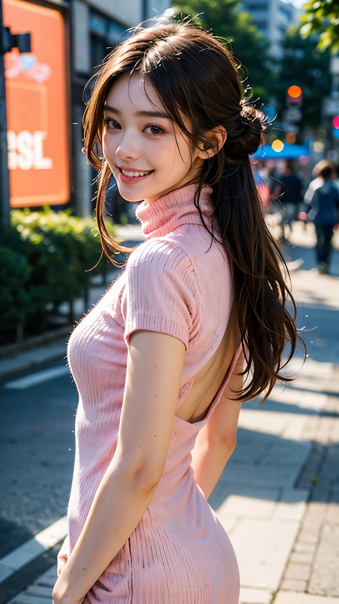highest quality, masterpiece, ultra high resolution, (realistic:1.4), (close portrait) Raw photo, 1 girl, 22 years old, (((Light pink turtleneck back open knit dress))), masterpiece, realistic pictures, japanese pictures, fuji negative film, saturation, contrast, Pocari Sweat Advertisement ((small breasts)),((smiling showing teeth)),Semi-long chignon hair,brown hair,