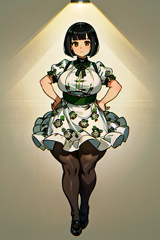 1 girl, ((masterpiece, side light, beautiful eyes: 1.2), Super detailed, ultra high resolution, professional lighting, high quality make up, beautiful detailed eyes), (highest quality:0.8), perfect anime illustrinion, beautiful, flin color background, simple background, whole body , looking for_in_viewer, 一人in, (whole body:1.5), (black hair:1.3), dark brown eyes, (big breasts:1), 一人in,Wasachiri, Huasachina, sash, puffy dress, dress, Puffy short sleeves, pantyhose, black shoes, Floral, print dress, put your hands on your hips, handkerchief,tof, (asymmetric bob cut:1.2),(おinこ:1.2),(boobs for days:1),(huge boobs:1),(plump:1.4),(curvy:1.4),(chubby:1.4),(Chubby:1.4),(low length:1.4),(short legs:1.4),