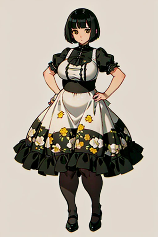 1 girl, ((masterpiece, side light, beautiful eyes: 1.2), Super detailed, ultra high resolution, professional lighting, high quality make up, beautiful detailed eyes), (highest quality:0.8), perfect anime illustrinion, beautiful, flin color background, simple background, whole body , looking for_in_viewer, 一人in, (whole body:1.5), (black hair:1.3), dark brown eyes, (big breasts:1.2), 一人in,Wasachiri, Huasachina, sash, puffy dress, dress, Puffy short sleeves, pantyhose, black shoes, Floral, print dress, put your hands on your hips, handkerchief,tof, (asymmetric bob cut:1.1),(low length:1.1),(Chubby:1.2),(おinこ:1.2),(boobs for days:1.2),(huge boobs:1.2),(short legs),(plump:1.2),(curvy:1.2),(chubby:1.2)