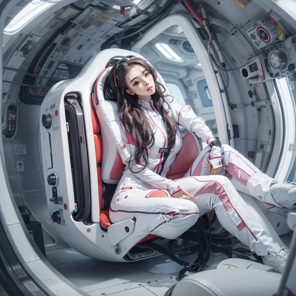 Seductive woman perfect beauty Very white skin beautiful eyes glossy lips sit on seat,Legs up Wearing a thin jumpsuit Feature earphone inside spacecraft