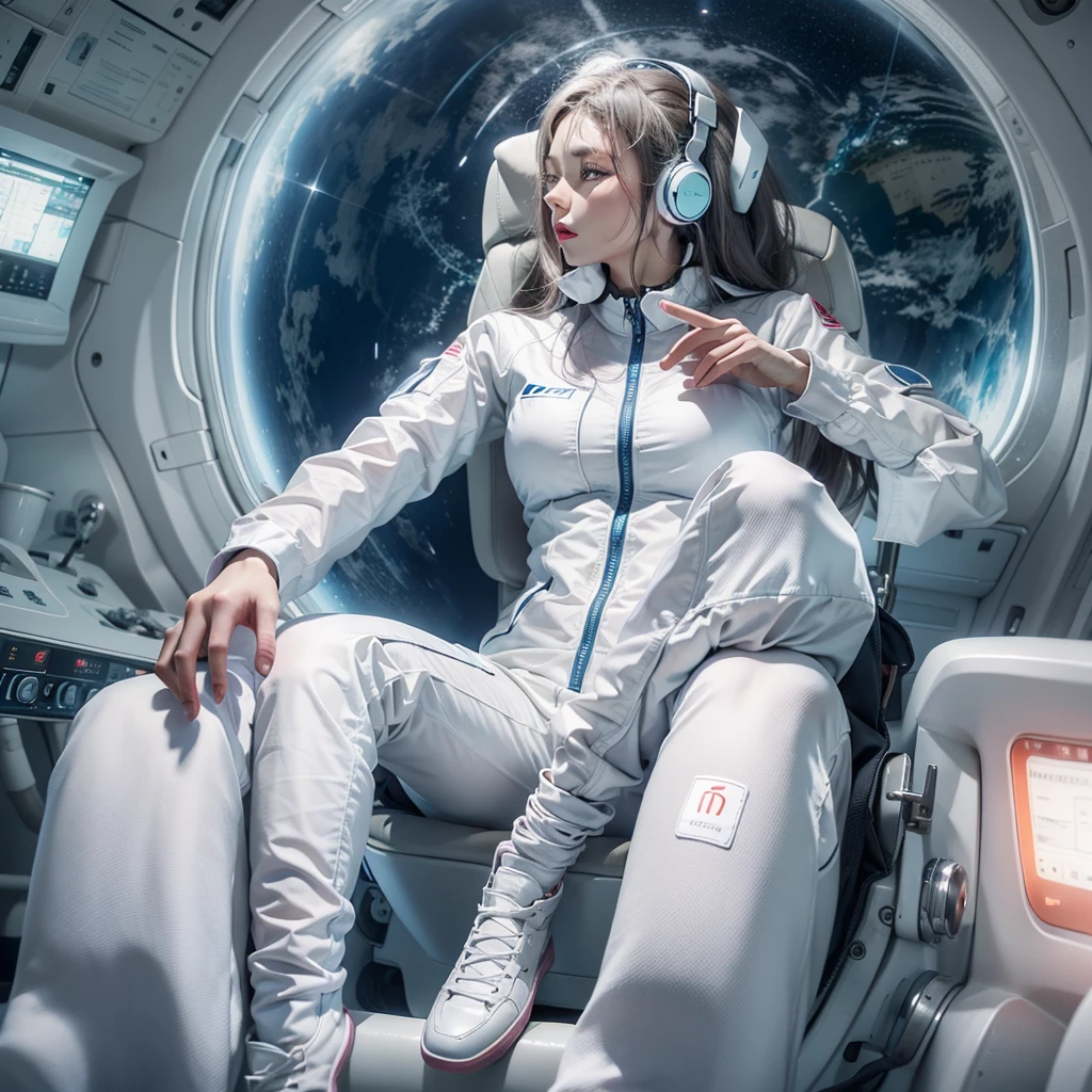 Sleeping in space, woman in 20s, turtleneck, hijab, 4k, relaxing vibe, headphone, detailed face, detailed background.