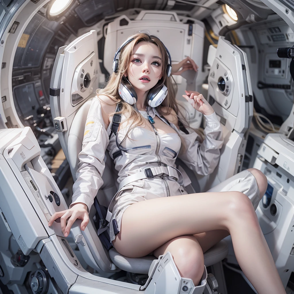 Seductive woman perfect beauty Very white skin beautiful eyes glossy lips sit on seat,Legs up Wearing a thin jumpsuit Feature earphone inside spacecraft