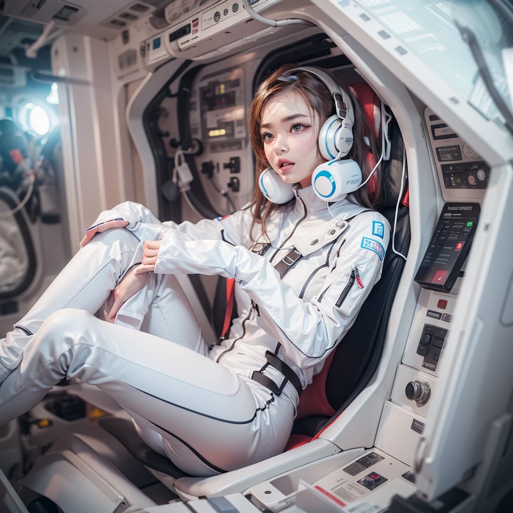 Seductive woman perfect beauty Very white skin beautiful eyes glossy lips sit on seat,Legs up Wearing a thin jumpsuit Feature earphone inside spacecraft