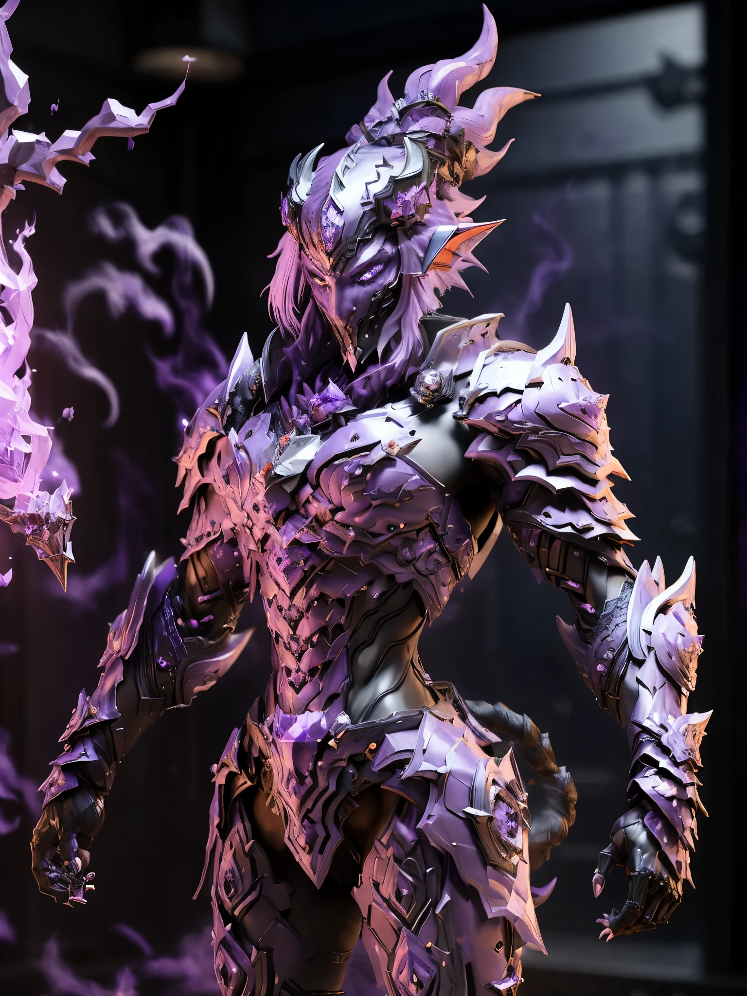 Witch, (PURPLE:1.5), DRAGON HEAD, HEAVY CRYSTAL WITCH ARMOR, TRANSPARANT, ABS, colourful smoke around the character