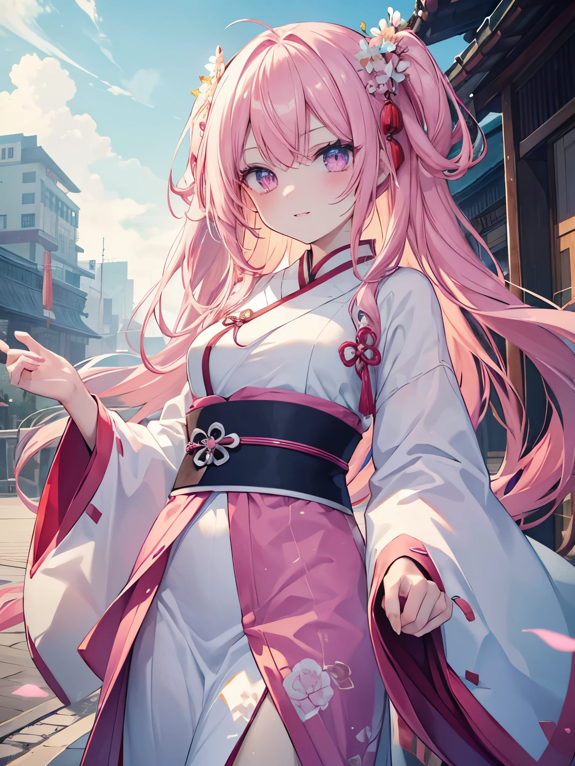 masutepiece, Highest Quality, (Perfect face:1.1), (high detailing:1.1), (ultradetailed eyes), Dramatic, superfine illustration, Extremely detailed,1girl in, (pale skin), Happy, Laugh, Enjoy, Cheerful,gloweyes, two side up,PINK hair,Ethereal eyes, pink eye,blush, Solo,Pouty lips,Cinematic lighting,Looking at Viewer,Cowboy Shot, {PINK hanfu, long sleeves,wide sleeves, Blue chinese clothes},chinese traditional background