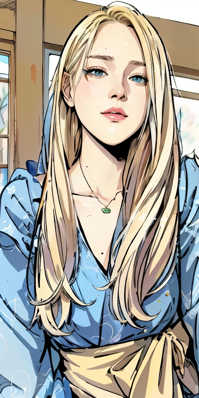 anime girl with long blonde hair and blue dress sitting in front of a window, gwen stacy, betty cooper, blonde anime girl with long hair, emma frost, high quality colored sketch, digitally colored, colored lineart, highly detailed exquisite fanart, portrait of emma frost, art in the style of terry moore, sui ishida art manga, marin kitagawa fanart