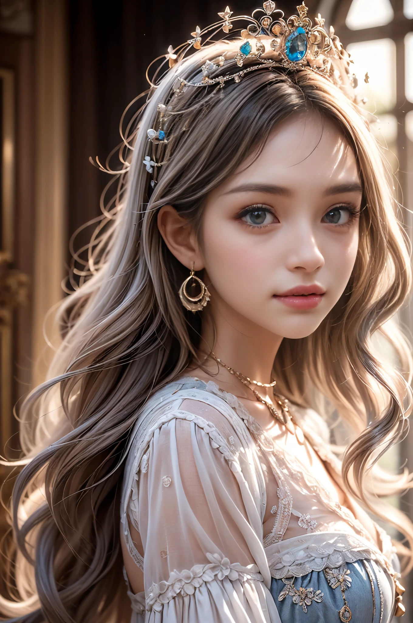 ((RAW shooting:1.5, realistic:1.5, 8K, highest quality, masterpiece, ultra high resolution)), Inside the luxurious British Royal Palace, professional camera work:1.3, Highly detailed skin and facial textures:1.3, glow light effect, Super detailed:1.3, cute 15 year old british princess, Fair skin, Glossy skin, (elegant:1.4, small face), Ultimate Cute Face:1.5, (Cute blue eyes:0.9, looking far away), smile:1.0, (mouth slightly open:0.4, cute mouth:0.7), double eyelid, ((super long white blonde curly hair)), tiara, necklace and earrings, ((elegantで品のあるタイトなドレスをオフショルダーで正しく着こなす方法)), big breasts, cowboy shot, ((sunrise, sunlight shining from behind:1.6, Strong sunlight spreads across the screen:1.6)), ((Strong sunlight shines on a woman:1.7))