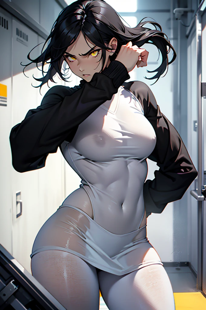 perfect anatomy girl muscular girl toned body girl large breasts girl thick girl angry girl best quality girl black hair girl yellow eyes girl pale girl pale girl short leggin white,pantyhose black,short white