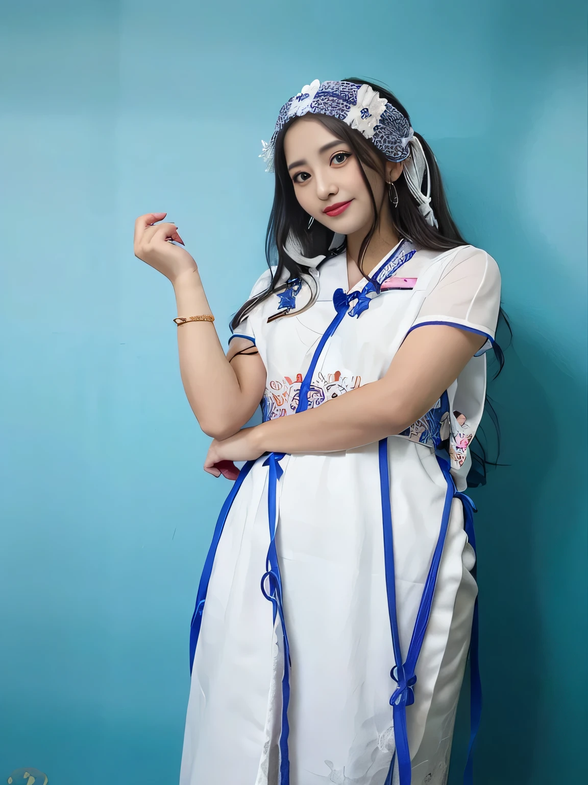 a woman in a white dress and blue headband, traditional clothes, traditional dress, traditional clothing, idian dress, wearing authentic attire, traditional costume, wearing an elegant tribal outfit, costume with blue accents, traditional beauty, wearing a white folkdrakt dress, traditional, traditional tai costume, photoshoot, nivanh chanthara, wearing traditional garb