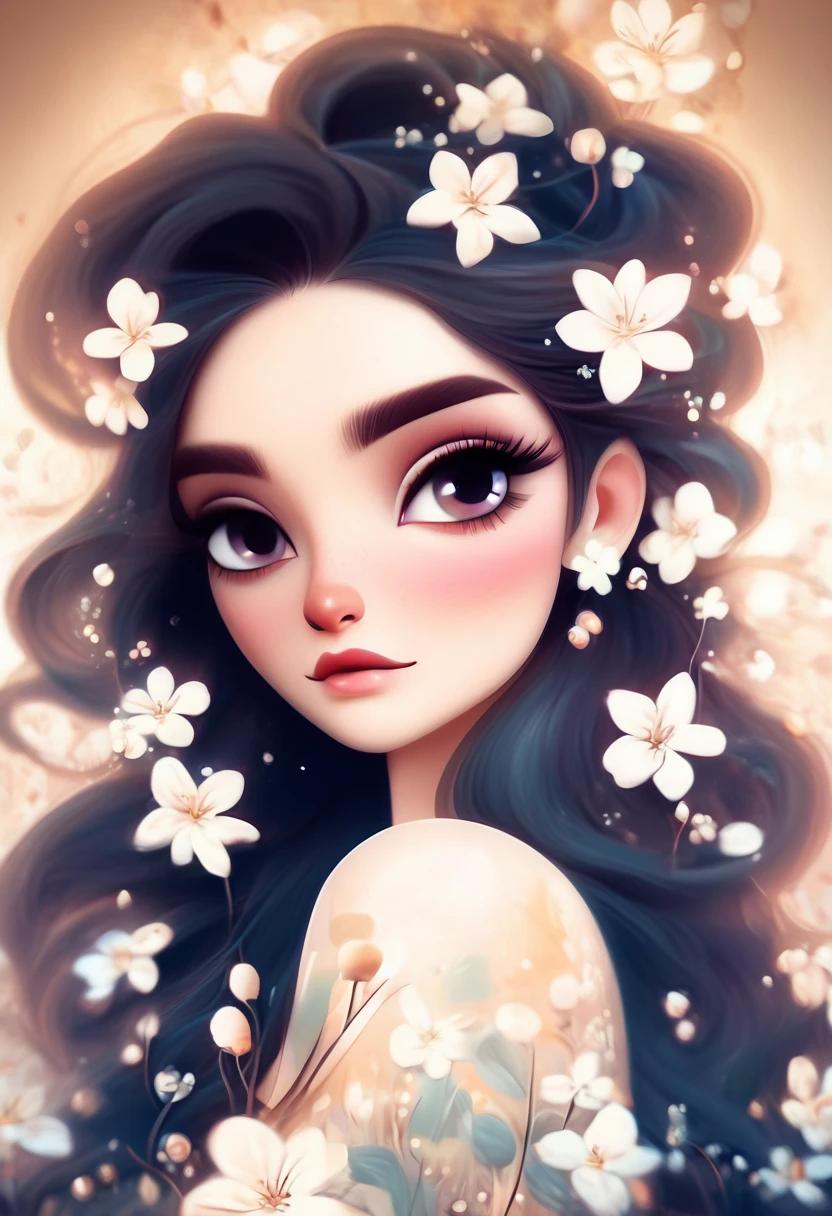 Painting of a woman with long hair and white flowers in her hair, beautiful digital illustrations, Beautiful artwork illustration, amazing digital illustrations, beautiful digital artwork, Inspired by Anna Dittman, amazing digital art, exquisite digital illustration, In the style of Anna Dittmann, beautiful digital art, beautiful amazing digital art, very beautiful digital art, beautiful portrait