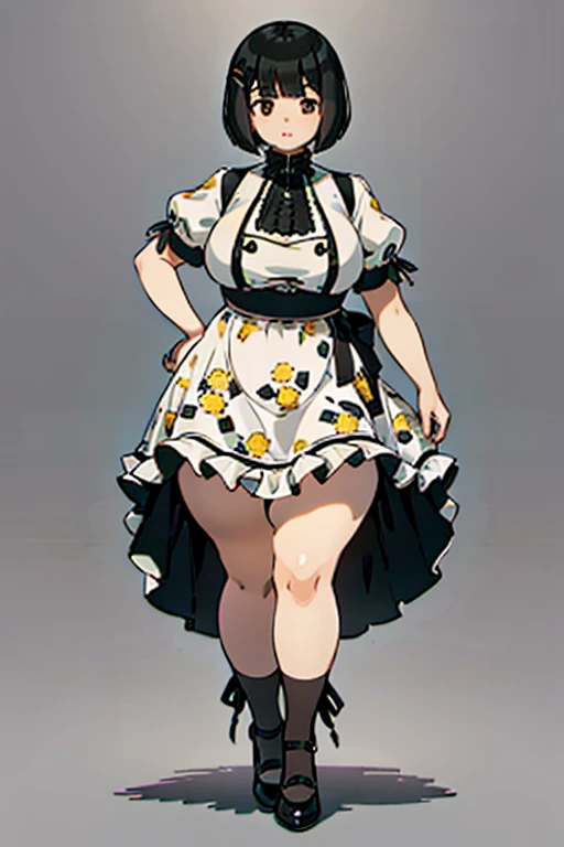 1 girl, ((masterpiece, side light, beautiful eyes: 1.2), Super detailed, ultra high resolution, professional lighting, high quality make up, beautiful detailed eyes), (highest quality:0.8), perfect anime illustrinion, beautiful, flin color background, simple background, whole body , looking for_in_viewer, 一人in, (whole body:1.5), (black hair:1.3), dark brown eyes, (big breasts:1), 一人in,Wasachiri, Huasachina, sash, puffy dress, dress, Puffy short sleeves, pantyhose, black shoes, Floral, print dress, put your hands on your hips, handkerchief,tof, (asymmetric bob cut:1.2),(おinこ:1.2),(boobs for days:1),(huge boobs:1),(plump:1.4),(curvy:1.4),(chubby:1.4),(Chubby:1.4),(low length:1.4),(short legs:1.4),(-fuselage type:1.4)