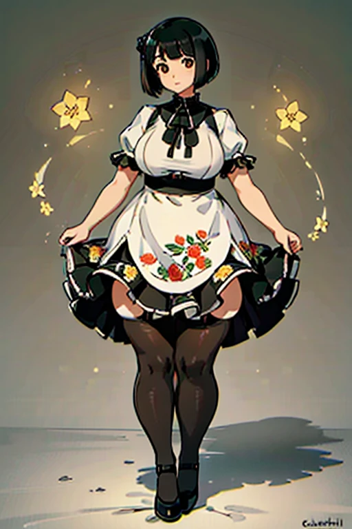 1 girl, ((masterpiece, side light, beautiful eyes: 1.2), Super detailed, ultra high resolution, professional lighting, high quality make up, beautiful detailed eyes), (highest quality:0.8), perfect anime illustrinion, beautiful, flin color background, simple background, whole body , looking for_in_viewer, 一人in, (whole body:1.5), (black hair:1.3), dark brown eyes, (big breasts:1), 一人in,Wasachiri, Huasachina, sash, puffy dress, dress, Puffy short sleeves, pantyhose, black shoes, Floral, print dress, put your hands on your hips, handkerchief,tof, (asymmetric bob cut:1.2),(おinこ:1.2),(boobs for days:1),(huge boobs:1),(plump:1.4),(curvy:1.4),(chubby:1.4),(Chubby:1.4),(low length:1.4),(short legs:1.4),(-fuselage type:1.4)