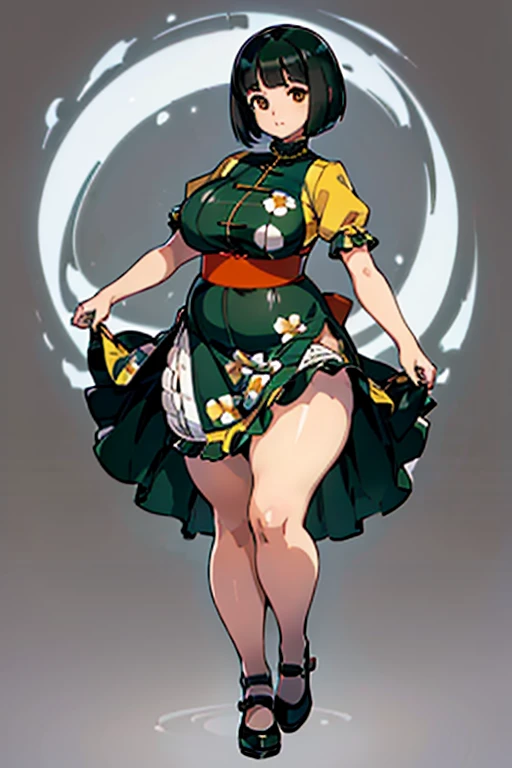 1 girl, ((masterpiece, side light, beautiful eyes: 1.2), Super detailed, ultra high resolution, professional lighting, high quality make up, beautiful detailed eyes), (highest quality:0.8), perfect anime illustrinion, beautiful, flin color background, simple background, whole body , looking for_in_viewer, 一人in, (whole body:1.5), (black hair:1.3), dark brown eyes, (big breasts:1), 一人in,Wasachiri, Huasachina, sash, puffy dress, dress, Puffy short sleeves, pantyhose, black shoes, Floral, print dress, put your hands on your hips, handkerchief,tof, (asymmetric bob cut:1.2),(おinこ:1.2),(boobs for days:1),(huge boobs:1),(plump:1.4),(curvy:1.4),(chubby:1.4),(Chubby:1.4),(low length:1.4),(short legs:1.4),(-fuselage type:1.4)