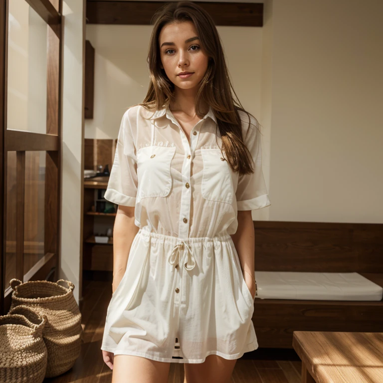 Caucasian chica with brown hair, ropa interior transparente