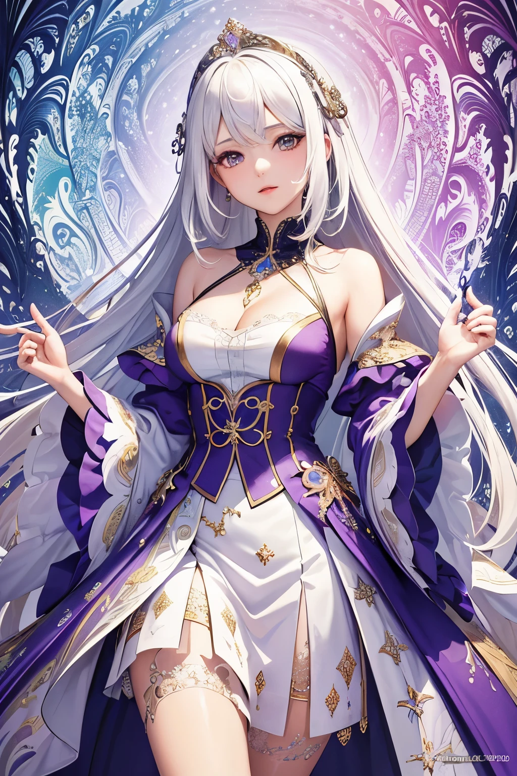 (masterpiece, top quality, best quality, official art, Beautiful and beautiful:1.2), (1 girl), Extremely detailed,(fractal art:1.3),rich and colorful,The most detailed white-haired palace with purple eyes and a dress crown inlaid with crystals and lace