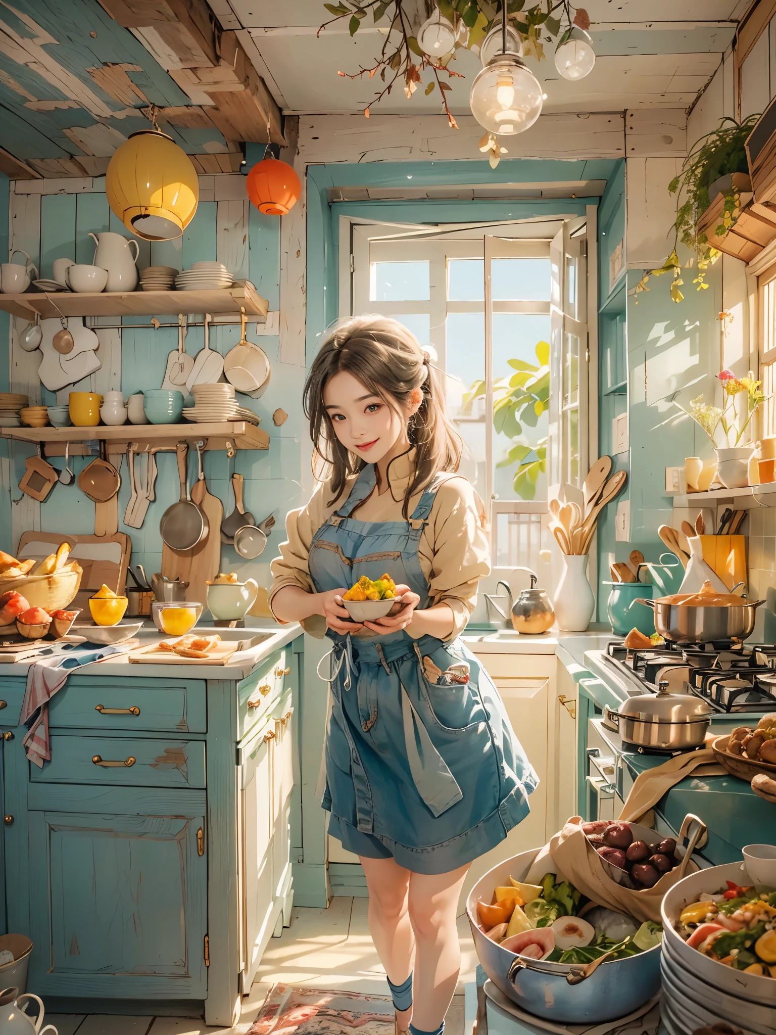 An imaginative and heartwarming depiction of a dream girlfriend, envisioned as a loving partner and lifelong companion, cooking in the kitchen. She radiates a sweet and comforting smile that brightens the room, creating a sense of joy and tranquility. Her smile is so enchanting that it can make all worries fade away. She embodies wisdom, beauty, and a diligent character. Her attire is casual yet feminine, suitable for cooking, with her hair tied back neatly. The kitchen setting is homely and well-equipped, filled with the aroma of delicious food. The overall style is a blend of realism and a touch of whimsy, capturing the essence of a sweet, hardworking girl in a domestic, loving environment, (花卉水彩画:1.5),(Super high saturation, bright and vivid colors:1.5), (正面看着观众:1.5)