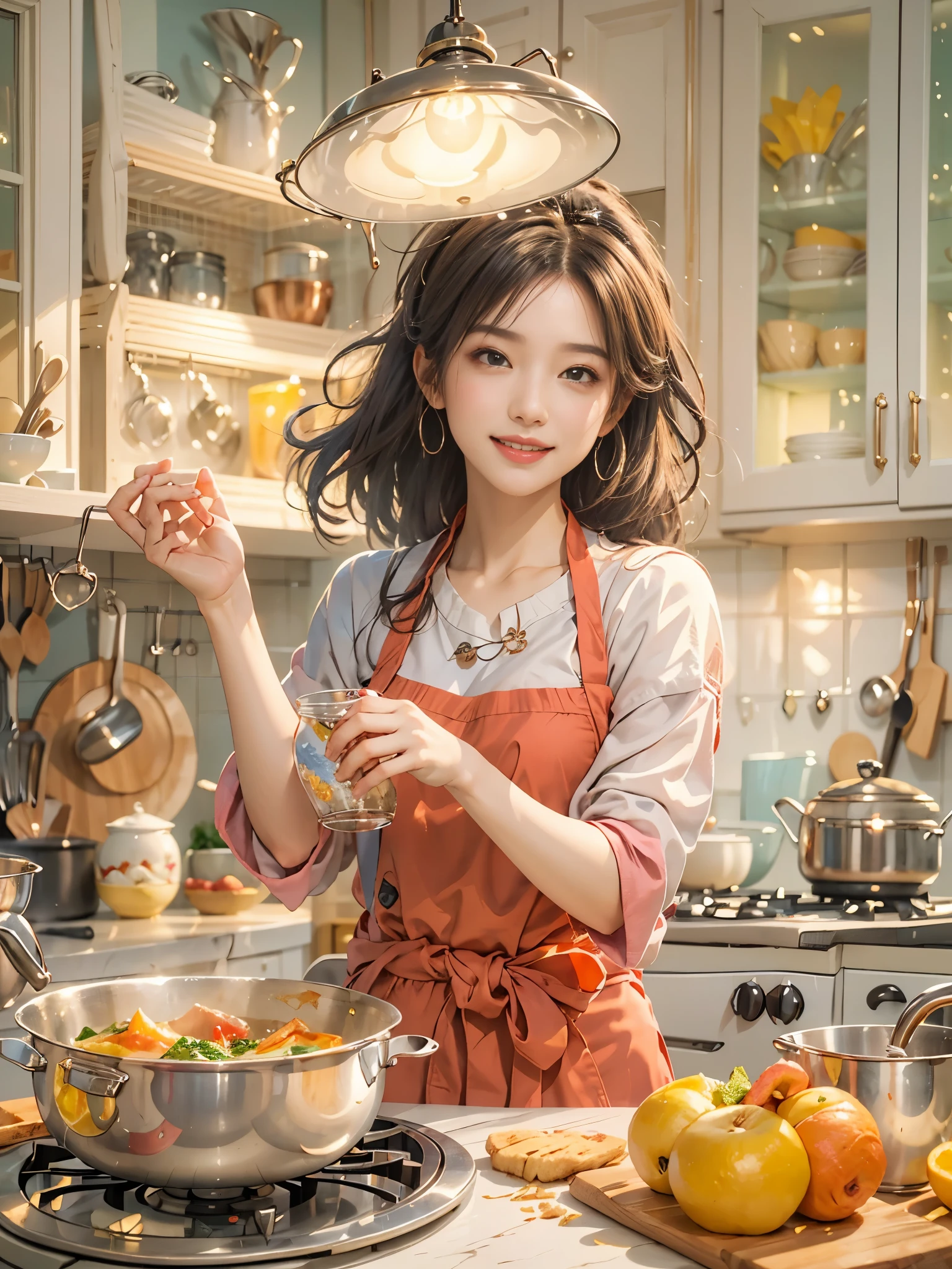 An imaginative and heartwarming depiction of a dream girlfriend, envisioned as a loving partner and lifelong companion, cooking in the kitchen. She radiates a sweet and comforting smile that brightens the room, creating a sense of joy and tranquility. Her smile is so enchanting that it can make all worries fade away. She embodies wisdom, beauty, and a diligent character. Her attire is casual yet feminine, suitable for cooking, with her hair tied back neatly. The kitchen setting is homely and well-equipped, filled with the aroma of delicious food. The overall style is a blend of realism and a touch of whimsy, capturing the essence of a sweet, hardworking girl in a domestic, loving environment, (花卉水彩画:1.5)，(Super high saturation, bright and vivid colors:1.5), (正面看着观众:1.5)