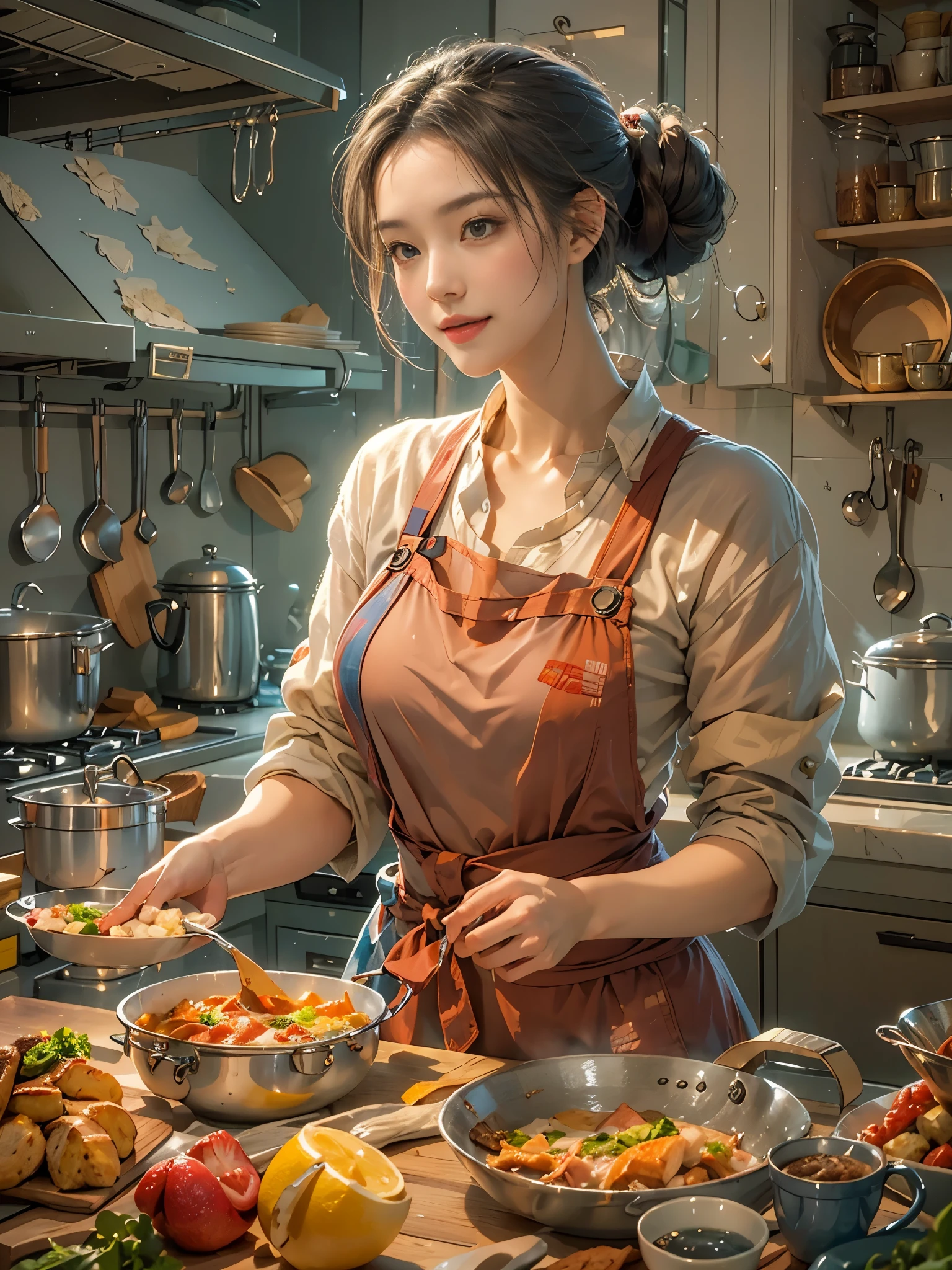 An imaginative and heartwarming depiction of a dream girlfriend, envisioned as a loving partner and lifelong companion, cooking in the kitchen. She radiates a sweet and comforting smile that brightens the room, creating a sense of joy and tranquility. Her smile is so enchanting that it can make all worries fade away. She embodies wisdom, beauty, and a diligent character. Her attire is casual yet feminine, suitable for cooking, with her hair tied back neatly. The kitchen setting is homely and well-equipped, filled with the aroma of delicious food. The overall style is a blend of realism and a touch of whimsy, capturing the essence of a sweet, hardworking girl in a domestic, loving environment, (花卉水彩画:1.5)，(Super high saturation, bright and vivid colors:1.5), (正面看着观众:1.5)