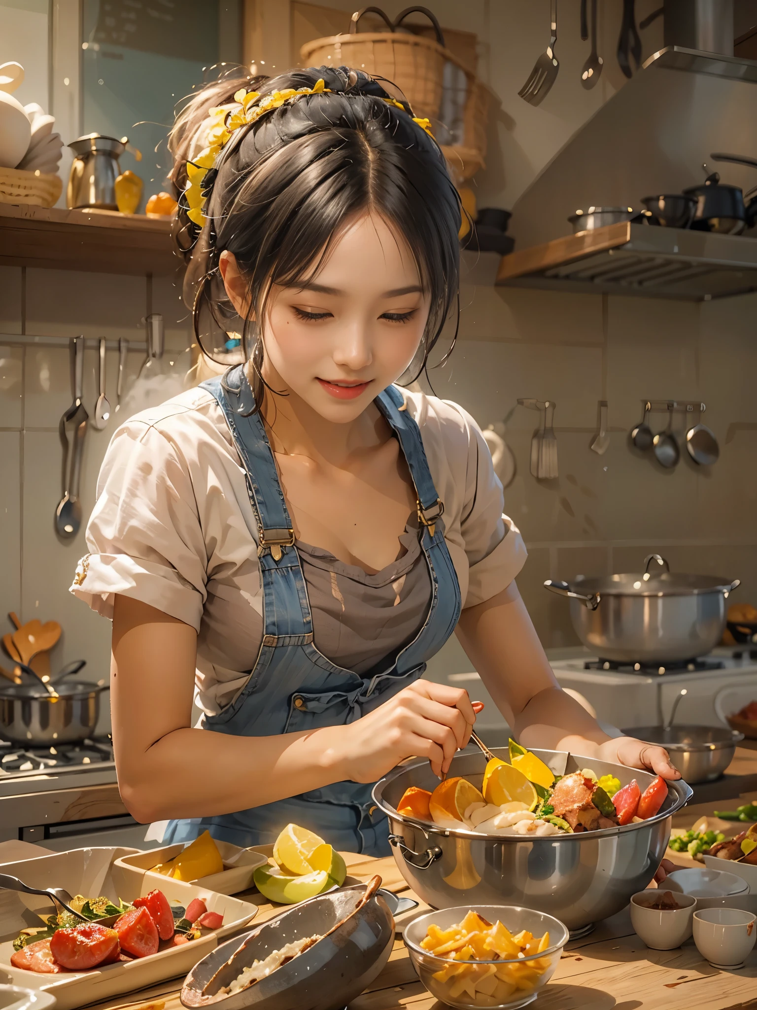 An imaginative and heartwarming depiction of a dream girlfriend, envisioned as a loving partner and lifelong companion, cooking in the kitchen. She radiates a sweet and comforting smile that brightens the room, creating a sense of joy and tranquility. Her smile is so enchanting that it can make all worries fade away. She embodies wisdom, beauty, and a diligent character. Her attire is casual yet feminine, suitable for cooking, with her hair tied back neatly. The kitchen setting is homely and well-equipped, filled with the aroma of delicious food. The overall style is a blend of realism and a touch of whimsy, capturing the essence of a sweet, hardworking girl in a domestic, loving environment, (花卉水彩画:1.5),(Super high saturation, bright and vivid colors:1.5), (正面看着观众:1.5)