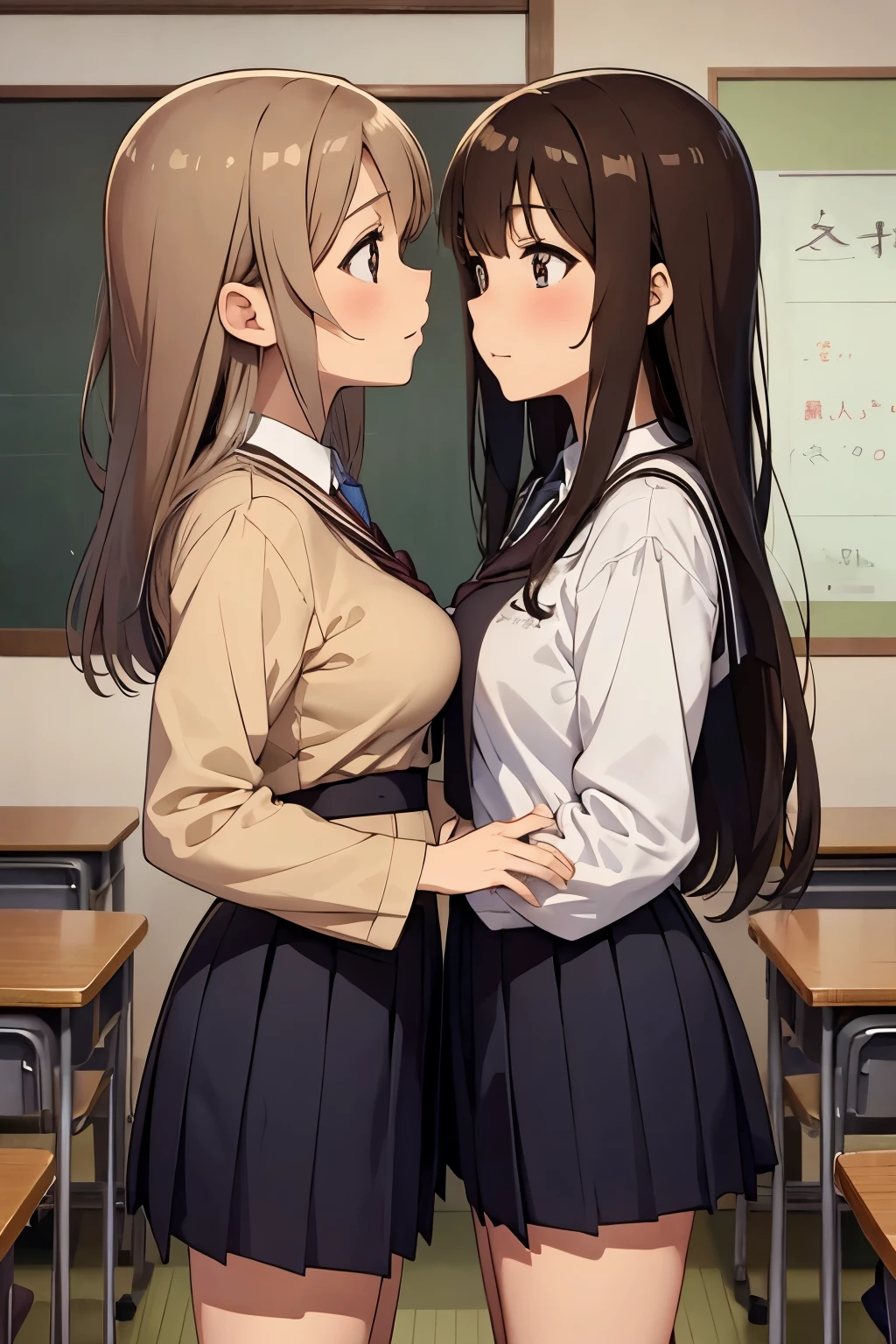 High quality, anime, full body, Japanese, two girls, narrow eyes, cute, brown hair, big breasts, slender, big eyes, small nose, school uniform, classroom, lesbian couple, kissing,