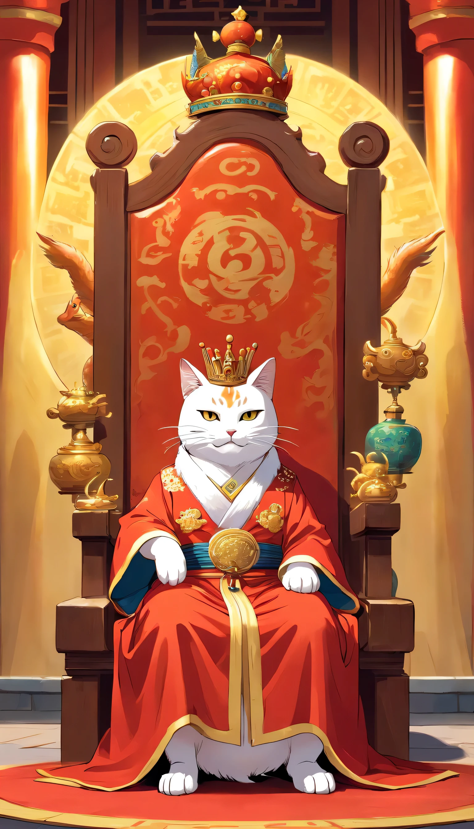 Chinese cat emperor,Put on a dragon robe,wear chinese crown,Sitting on the Dragon Throne in the Forbidden City of China,