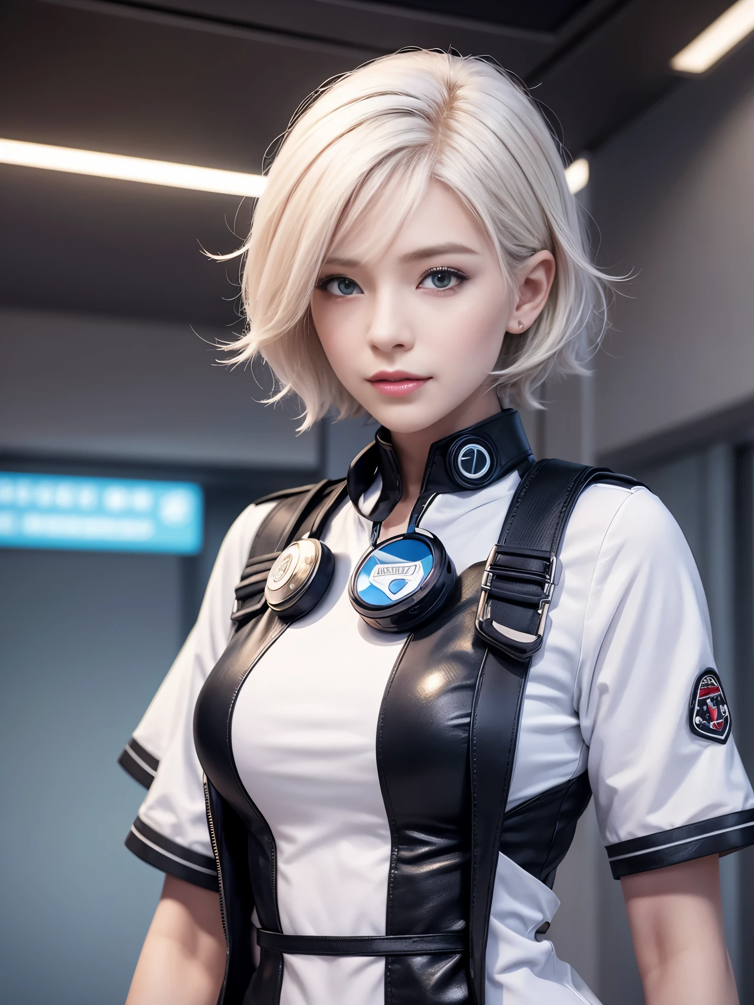 《I have a roller》。（（（Virtual character design：Psychological counselor。woman，20 years old，White short hair，Exquisite facial features，Bright Eyes，Eye detail depiction，Beautiful makeup，Skin details，Smile）））。（（White Tech Nurse））。((Ultra-realistic details)), illumination, Shadow and Light, Octane Rendering, 8K, Super sharp,complicated, Accessories details,atmosphere