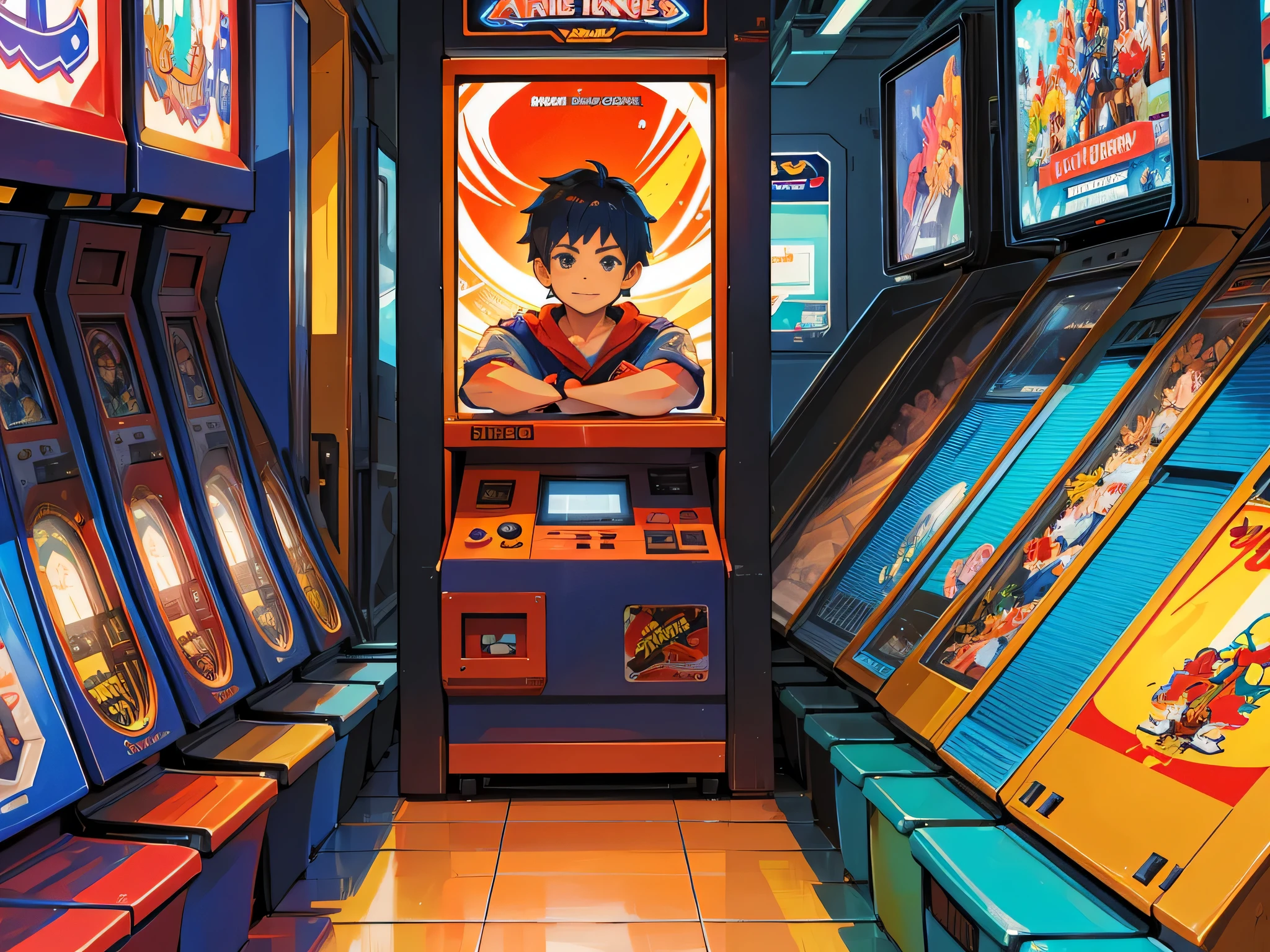 （best qualtiy， tmasterpiece）， A popular arcade arcade in the 90s, A handsome little boy passionately plays Street Fighter fighting games, He stands in front of an arcade machine with a color display, Showcasing the game's exciting visuals. There is a strong sense of nostalgia in the air. The arcade is brightly lit, The walls are decorated with classic game posters and three-dimensional models of game characters, The little boy holds the joystick of the arcade machine, Manipulate his characters quickly and skillfully, Display gorgeous combos and skills on the screen, (fang, anime style, wide shot, sideways, 8k, super detail, ccurate, best quality, anatomically correct, highres)