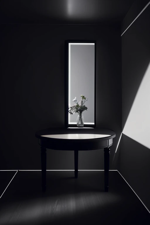 A cafe based on black and white,There is a round side table,There is a shortcake on top of it.,There is a white vase next to it.,There is a stool next to the table,A circular mirror is placed on the ground,Simple space,(slightly dark room:2),Improved sense of space。
Well lit,sharp focus,The picture is delicate and delicate.,Gives a sense of realism and photorealism。This scene is a person々gives peace of mind to、Comfortable and elegant atmosphere,Packed with exquisite details and quality。
