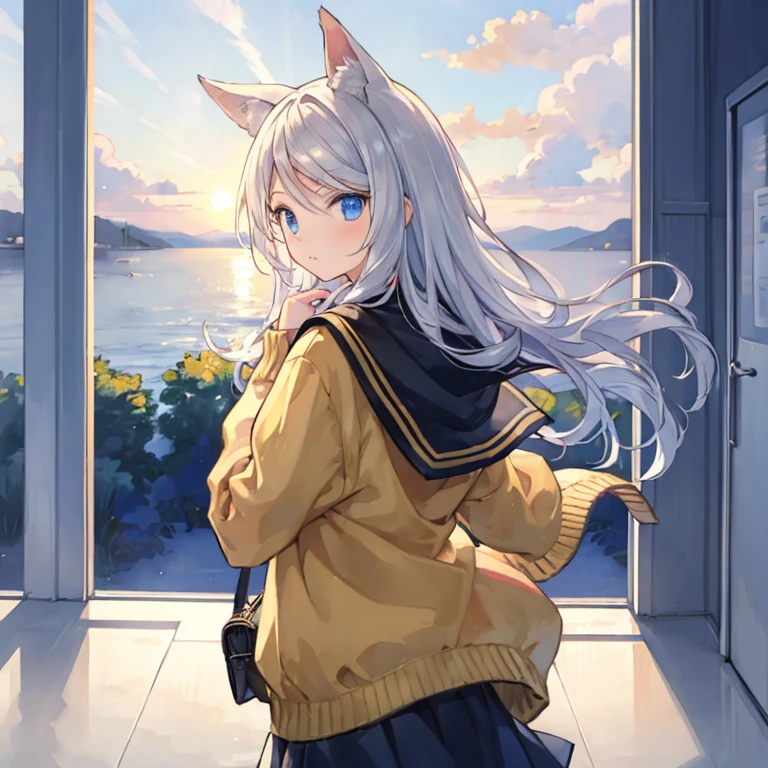 Kagamine Rin , por rubio  , coletas 、ojos rojos、Hermosa chica sola、quimono、una minifalda、aula de escuela 、sentado en pupitre , luz de atardecer (entrando por la ventana , cortinas que se mueven un poco con el viento