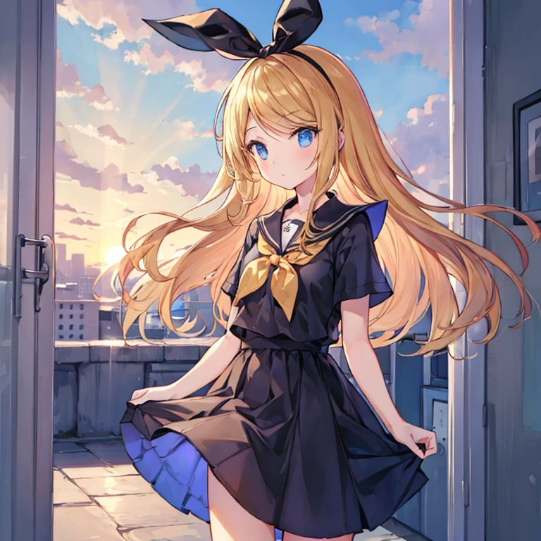 Kagamine Rin , por rubio  , coletas 、ojos rojos、Hermosa chica sola、quimono、una minifalda、aula de escuela 、sentado en pupitre , luz de atardecer (entrando por la ventana , cortinas que se mueven un poco con el viento