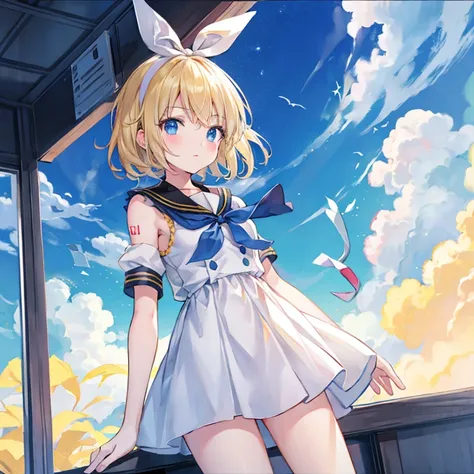 kagamine rin , por rubio  , coletas 、ojos rojos、hermosa chica sola、quimono、una minifalda、aula de escuela 、sentado en pupitre , l...