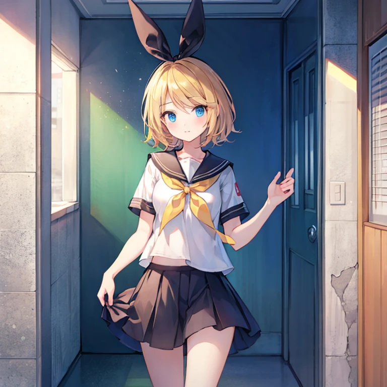 Kagamine Rin , por rubio , coletas 、ojos rojos、Hermosa chica sola、quimono、una minifalda、aula de escuela 、sentado en pupitre , luz de atardecer (entrando por la ventana , cortinas que se mueven un poco con el viento
