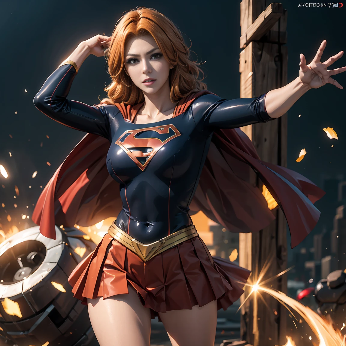 1 girl, matsumoto rangiku, pose de modelo sexy, foto de corpo inteiro, Seios enormes, Fundo da aldeia japonesa, Arte Oficial, orange hair, olhos azuis, cabelos longos, clivagem, cabelos ondulados, quimono preto aberto, Supergirl, red cape, S do super-homem no peito, blue swimsuit, Red skirt, botas vermelhas, sorrir, extremely high quality, high resolution, 1080P, disco Rigido, 4k, 8k, 16k, (muito detalhado), realista, 8k, Cinema 4D, Artgerm extremamente detalhado, [ Arte Digital 4K ]!!