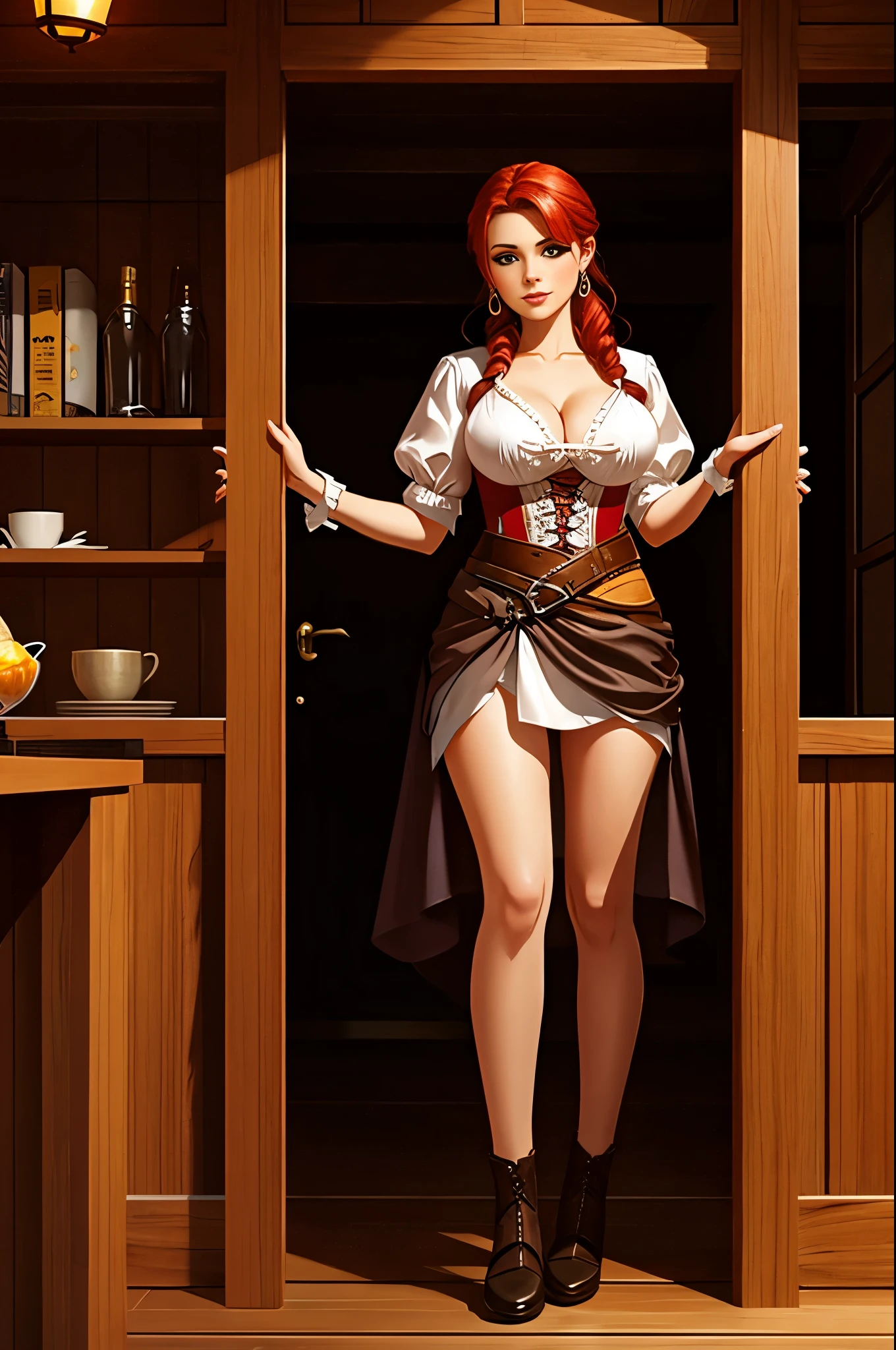 barmain, redhead  tavern wench, wearing a tricorne, white silk shirt, deep cleavage,  full body shot, standing