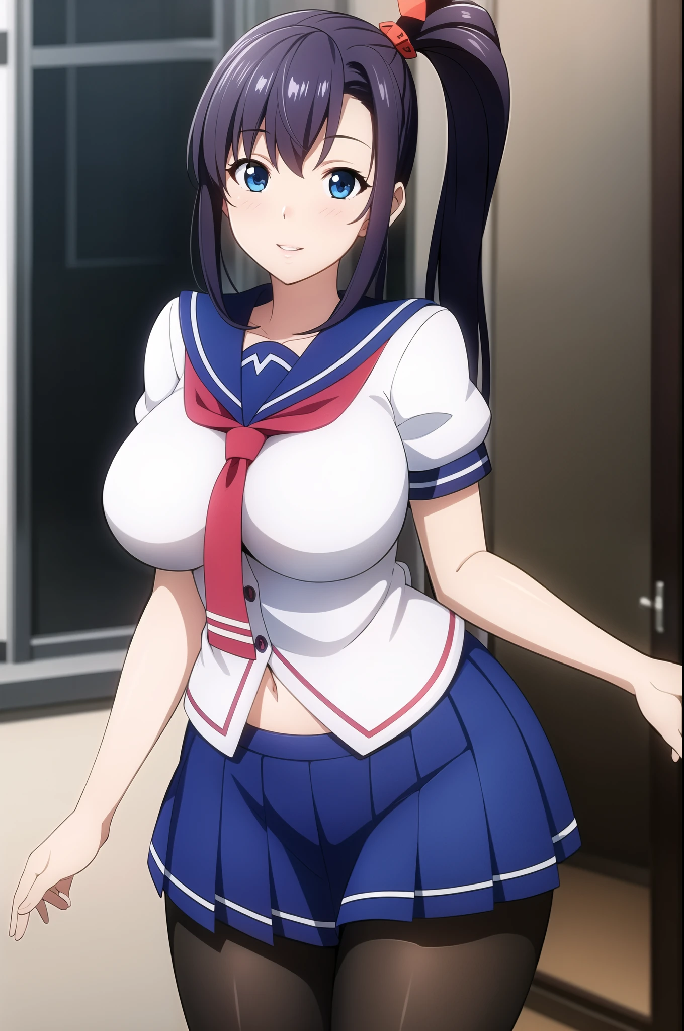 perfect eyes:1.2, detailed eyes:1.4, glossy skin:1.2, Blue sailor collar, school uniform, large breasts, skindentation, cowboy shot, pantyhose, serafuku, short sleeves, Red neckerchief, White shirt, Blue eyes, Purple hair, bangs, side ponytail, Hair ornament, 20yo, Young female, Beautiful Finger, Beautiful long legs, Beautiful body, Beautiful Nose, Beautiful character design, perfect balance, smile, 1girl, solo, (masterpiece:1.6, best quality), 8k, insane details, intricate details, hyperdetailed, hyper quality, high detail, ultra detailed, professional, HDR, ray tracing reflection, cinematic lighting,