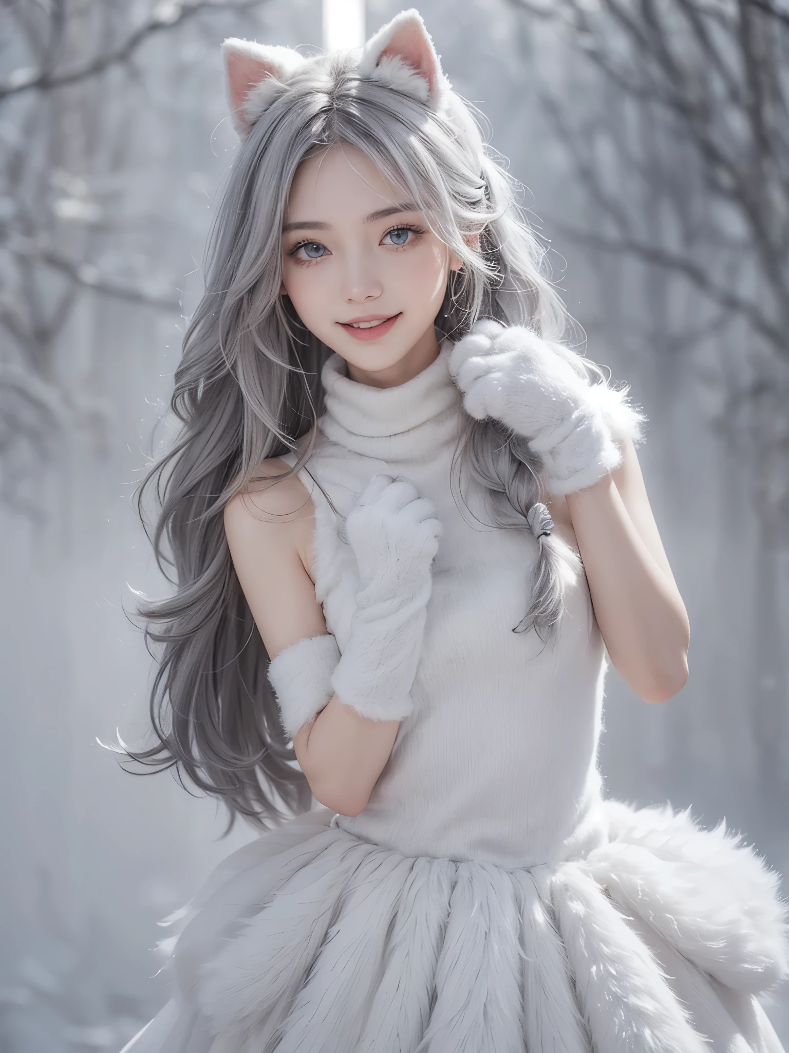 (cute:1.6),(gorgeous, elegant, luxury:1.4), (beautiful still life painting art:1.4), ultra detailed, beautiful, masterpiece, best quality,
_
BREAK (1girl:1.2), 22 years old, 160 cm, Japanese cute model, Tightened all body, medium Breasts, small head, small face, diamond Face, small nose, Sharp Faceline, Detailed face, Detailed eyes, young hands and fingers, beautiful hands and fingers, five fingers,
_
BREAK (happy, smile, Glossy Lips:1.3), (Light color lips, Half open mouth, beautiful Teeth:1.2), (dropy eyes, Double eyelid, light color eyes, Shiny eyes:1.5), Shiny skin,
_
BREAK (arranged hairstyle:1.6), (gray hair:1.2), shiny hair,
_
BREAK (White theme:1.3), (blurry background, mist, fog:1.7),
_
BREAK (cowboy shot:1.5),(random pose:1.4),
BREAK (Black and white theme:1.2), (cute fur and Wool design, elegant, luxury:1.6), (turtleneck and sleeveless dress:1.4), (a lot of White fur accents:1.4), (fake cat ears:1.2), (Paw gloves:1.6),
