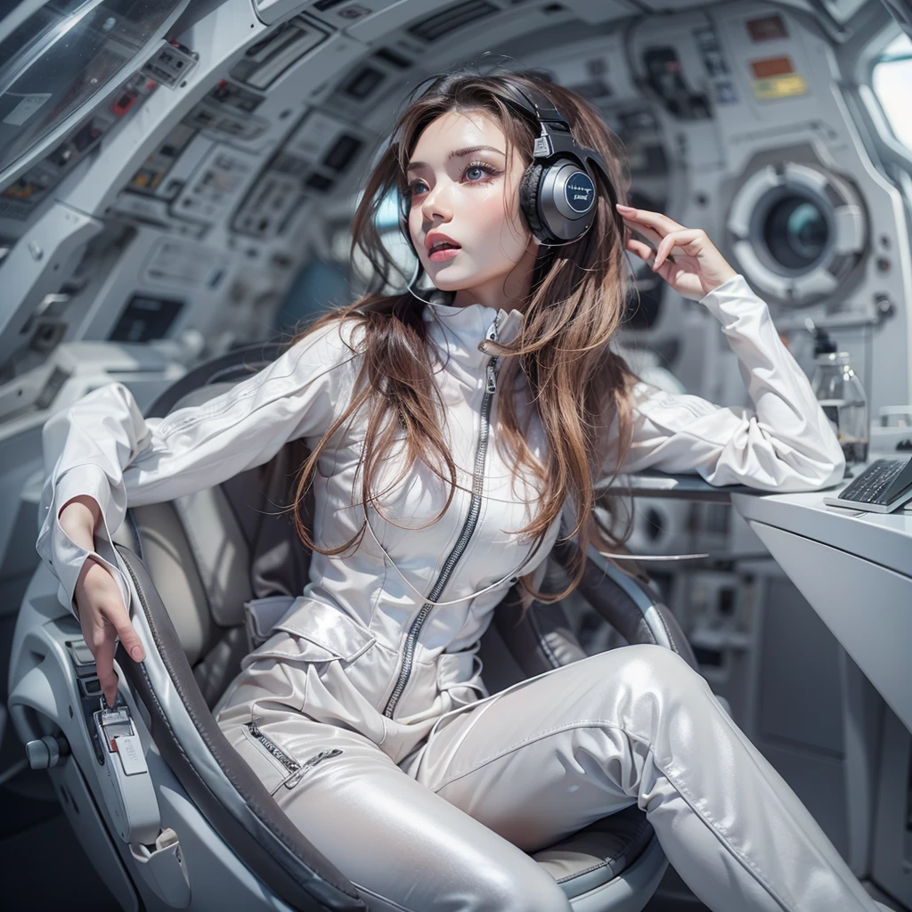 Seductive woman　perfect beauty　Very white skin　beautiful eyes　glossy lips　sit on seat，Legs up　Wearing a thin jumpsuit　Feature　earphone　inside spacecraft