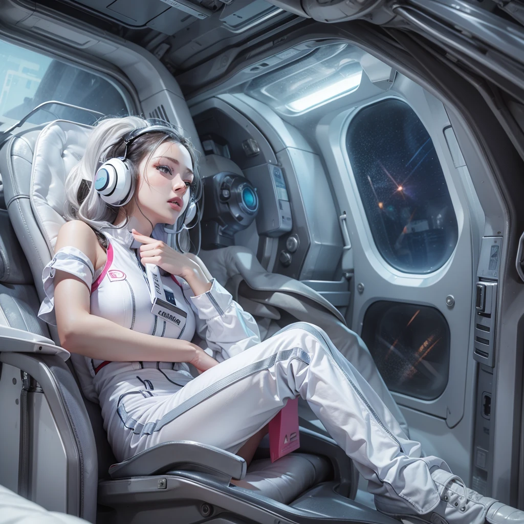 Seductive woman perfect beauty Very white skin beautiful eyes glossy lips sit on seat,Legs up Wearing a thin jumpsuit Feature earphone inside spacecraft
