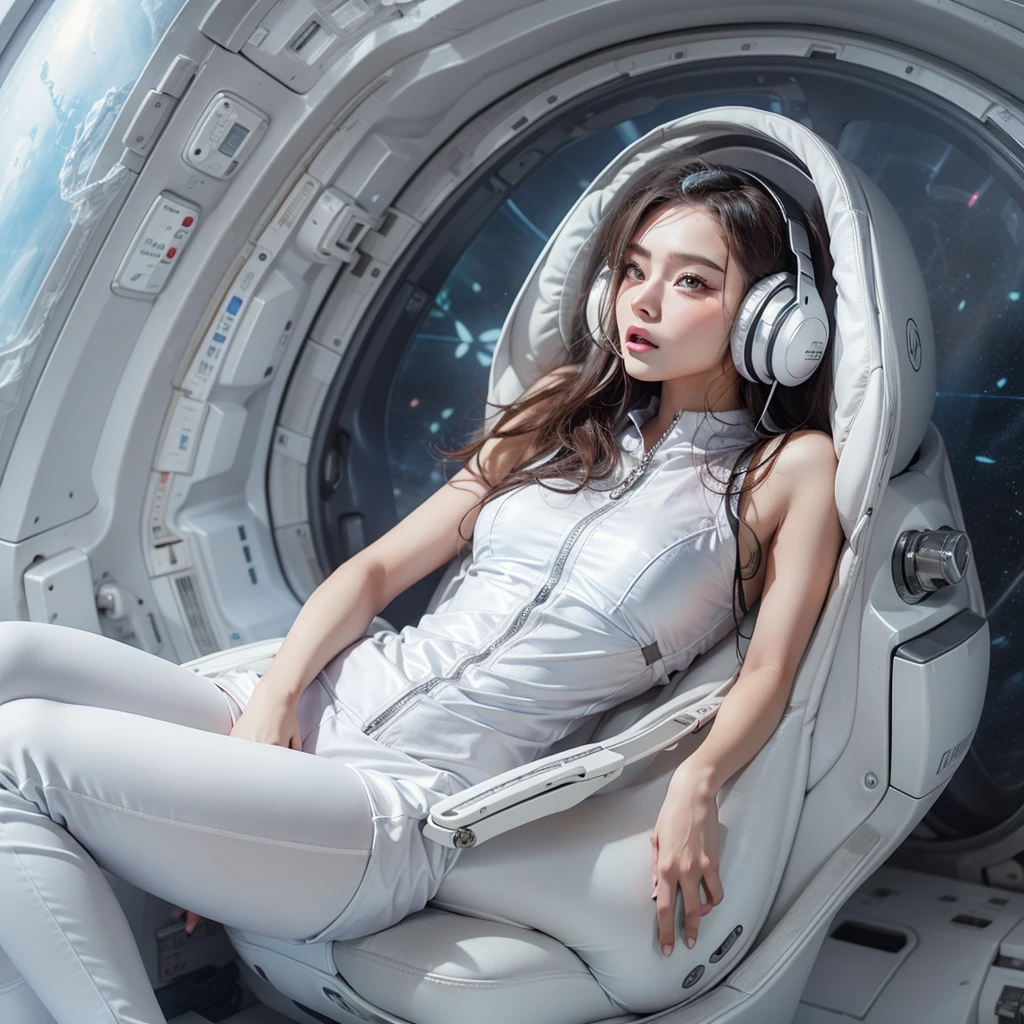 Seductive woman perfect beauty Very white skin beautiful eyes glossy lips sit on seat,Legs up Wearing a thin jumpsuit Feature earphone inside spacecraft
