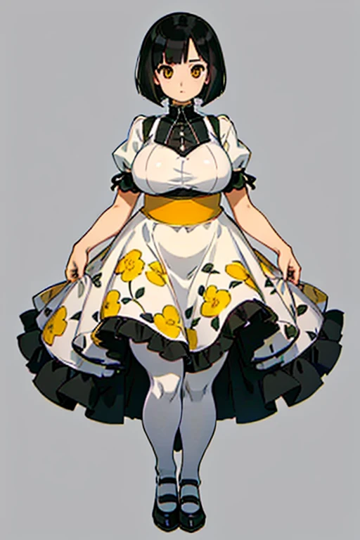 1 girl, ((masterpiece, side light, beautiful eyes: 1.2), Super detailed, ultra high resolution, professional lighting, high quality make up, beautiful detailed eyes), (highest quality:0.8), perfect anime illustrinion, beautiful, flin color background, simple background, whole body , looking for_in_viewer, 一人in, (whole body:1.5), (black hair:1.3), dark brown eyes, (big breasts:1), 一人in,Wasachiri, Huasachina, sash, puffy dress, dress, Puffy short sleeves, pantyhose, black shoes, Floral, print dress, put your hands on your hips, handkerchief,tof, (asymmetric bob cut:1.2),(おinこ:1.2),(boobs for days:1),(huge boobs:1),(plump:1.4),(curvy:1.4),(chubby:1.4),(Chubby:1.4),(low length:1.4),(short legs:1.4),(-fuselage type:1.4)