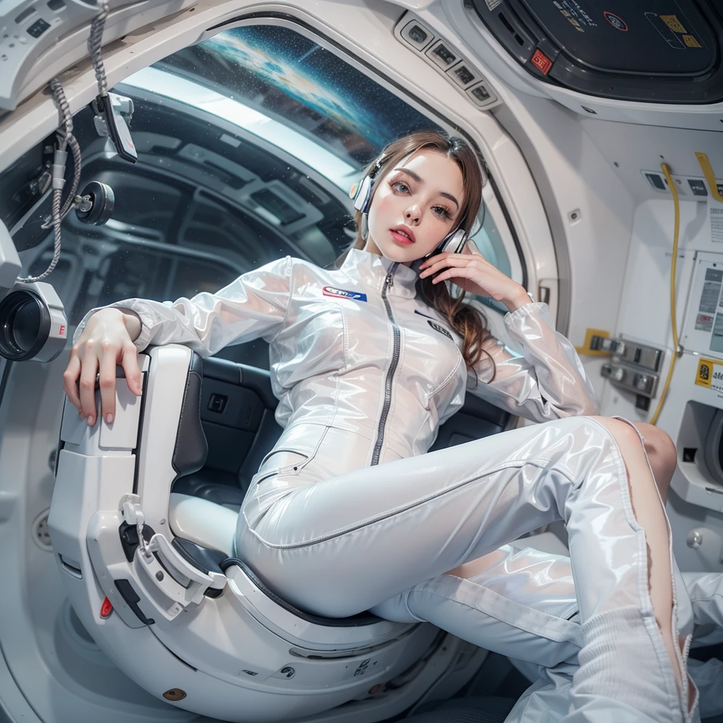 Seductive woman perfect beauty Very white skin beautiful eyes glossy lips sit on seat,Legs up Wearing a thin jumpsuit Feature earphone inside spacecraft