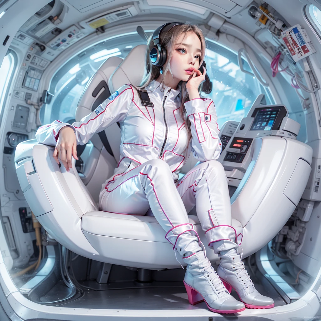 Seductive woman　perfect beauty　Very white skin　beautiful eyes　glossy lips　sit on seat，Legs up　Wearing a thin jumpsuit　Feature　earphone　inside spacecraft