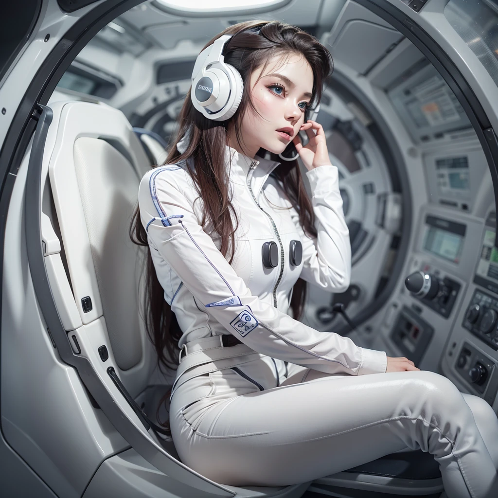 Seductive woman perfect beauty Very white skin beautiful eyes glossy lips sit on seat,Legs up Wearing a thin jumpsuit Feature earphone inside spacecraft