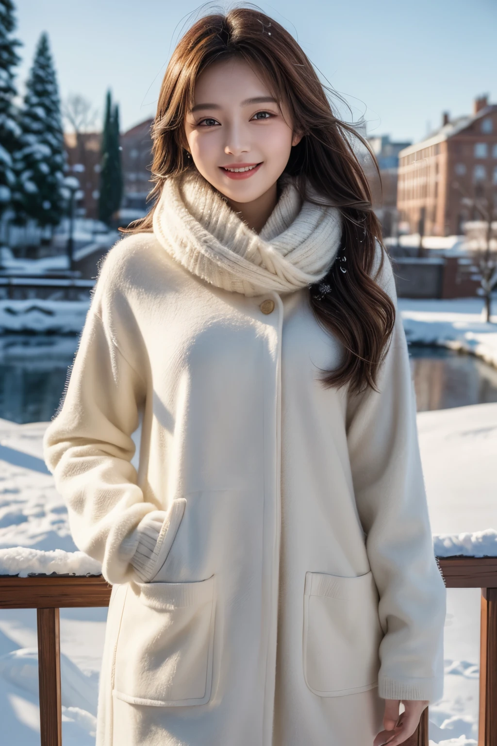 A smiling lady, 22 years old, in winter, (best quality, masterpiece, representative work, official art, professional, 8k).