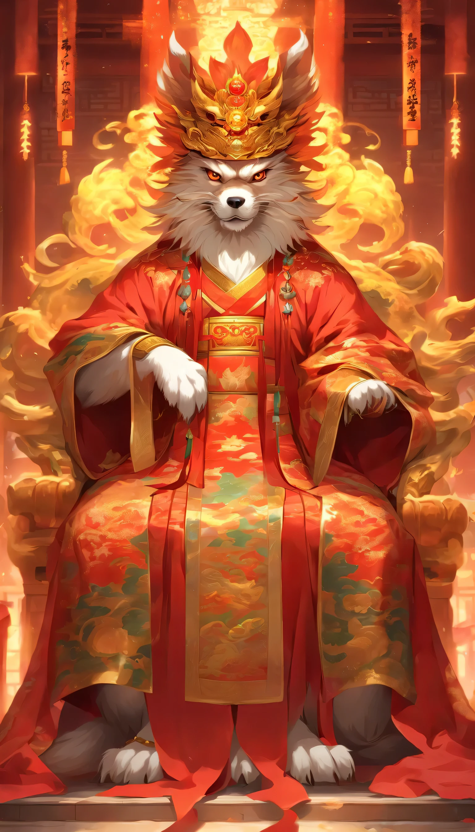 Chinese dog emperor，Put on a dragon robe，wear chinese crown，Sitting on the Dragon Throne in the Forbidden City of China，