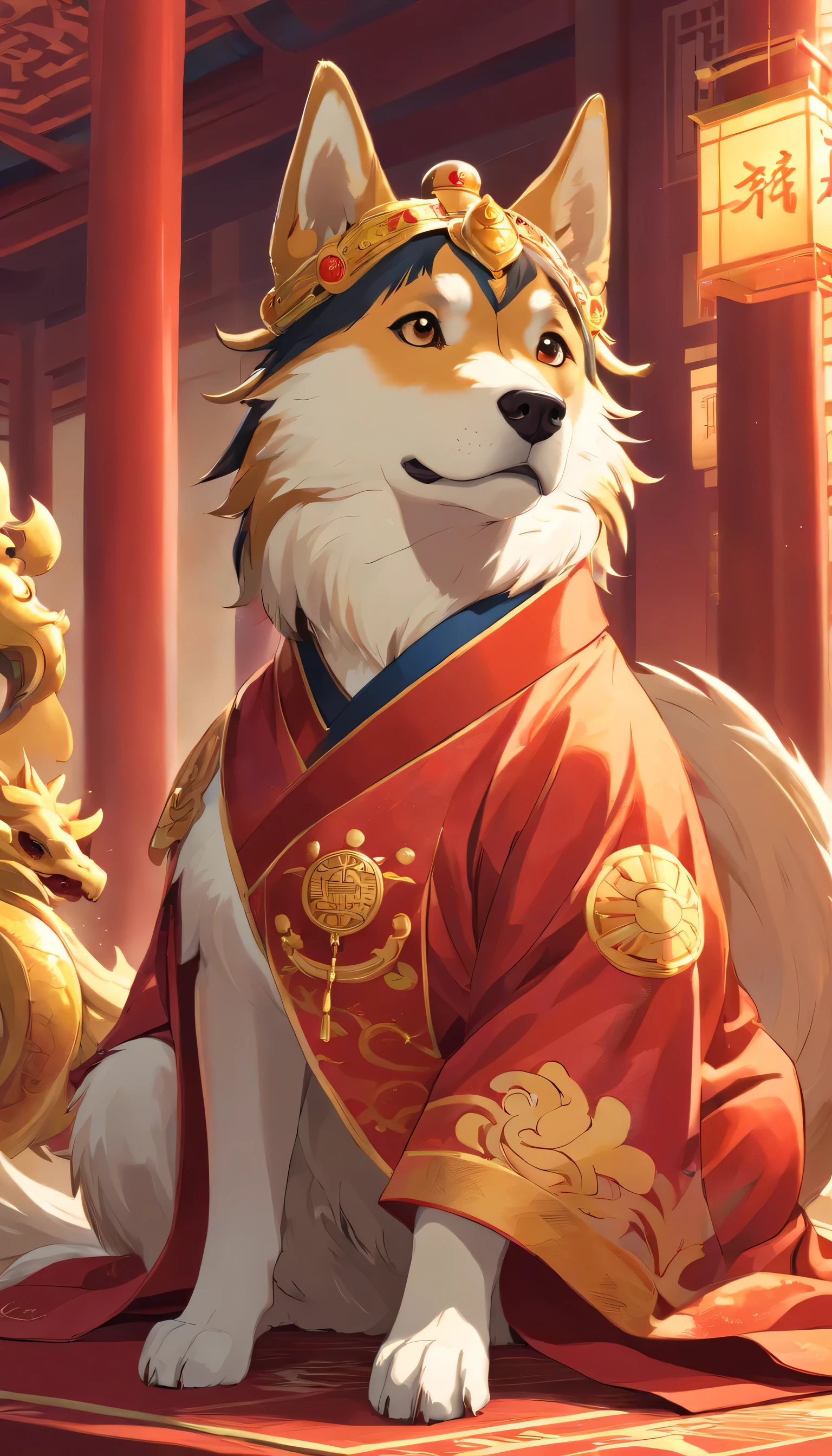 Chinese dog emperor,Put on a dragon robe,wear chinese crown,Sitting on the Dragon Throne in the Forbidden City of China,