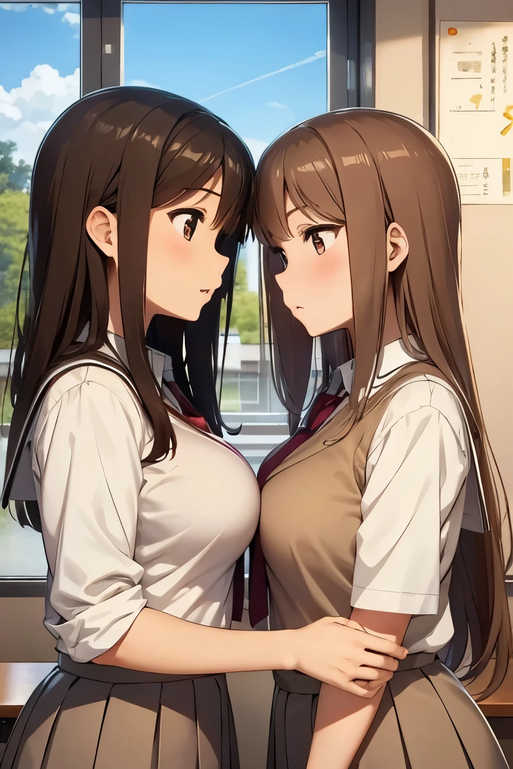 High quality, anime, Japanese, two girls, narrow eyes, cute, brown hair, big breasts, slender, big eyes, small nose, school uniform, classroom, lesbian couple, kissing,