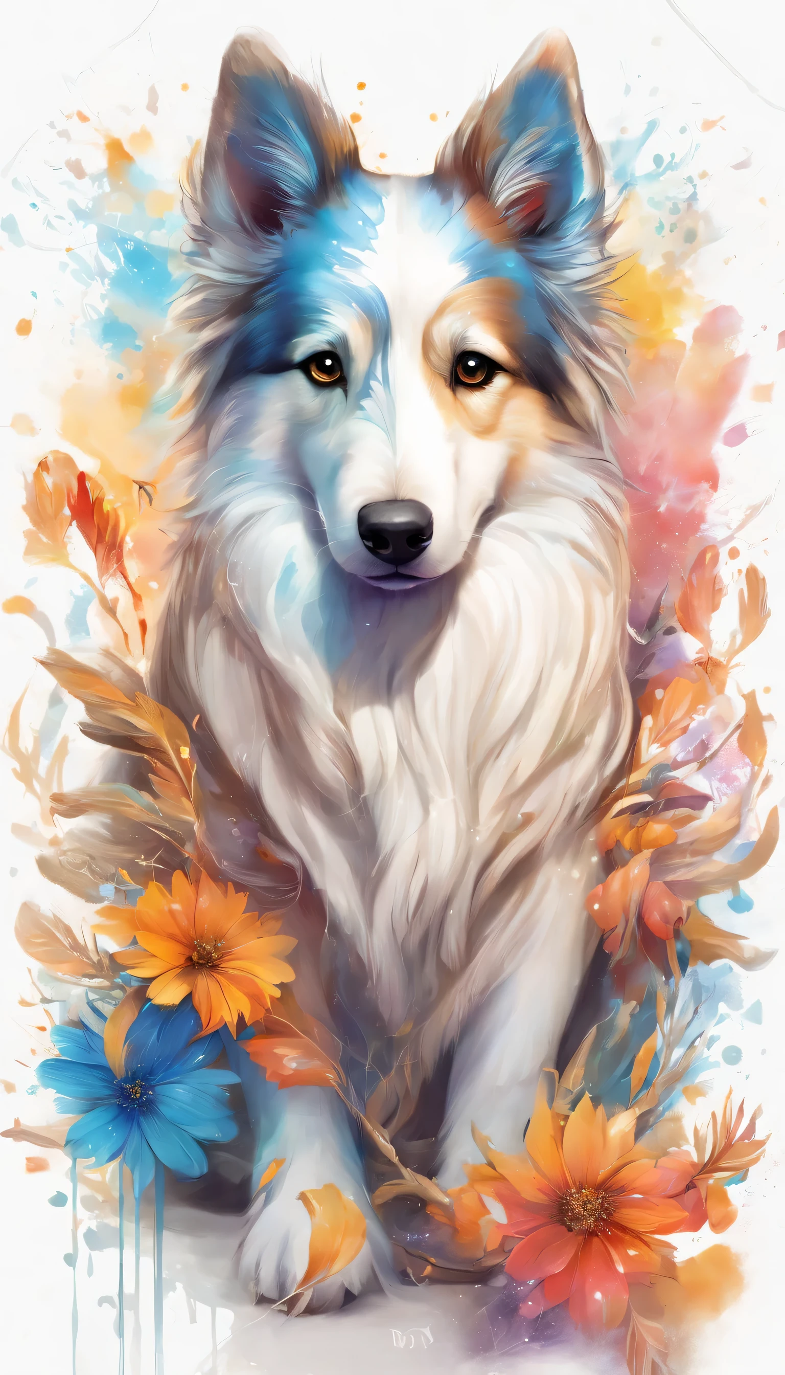 splash art, Shetland Shetland Shepherd Dog, ((White background)), sharp vision, art station, Color paint splatter style, contour, Super detailed complex detailed , Unreal Engine, excellent, intricate details, splash screen, complementary colors, fantasy concept art, 8K resolution, The work of an outlier, painting, puff, paint drops, splash ink painting