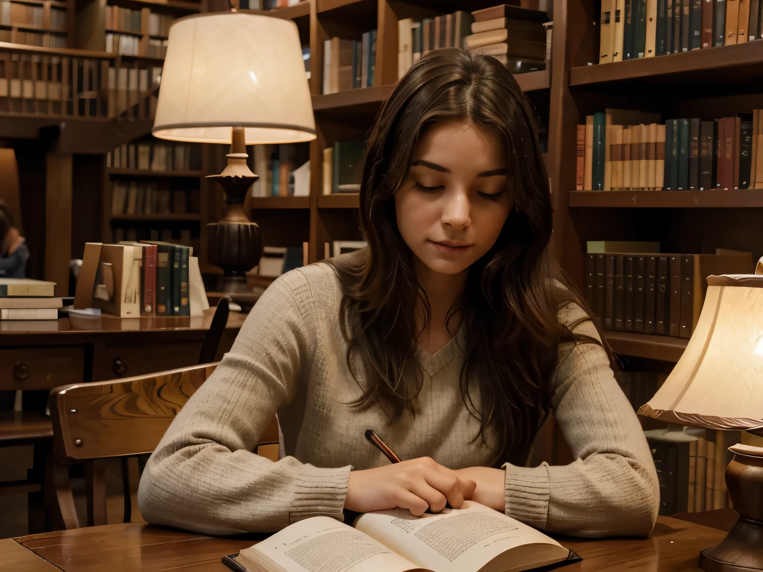 Illustrate a young woman, around 20 years old, sitting at a spacious wooden table in the heart of an expansive library. The shelves are lined with books of various sizes and colors, creating a mosaic of knowledge. The woman is engrossed in her reading, her face gently lit by the warm glow of a desk lamp. Her posture reflects a perfect blend of focus and comfort, surrounded by the hushed symphony of whispered wisdom. The library setting should evoke a sense of tranquility and intellectual curiosity, emphasizing the joy of discovering new worlds through the pages of a well-loved book. The aspect ratio should be 8k, allowing for rich details in the depiction of the library scene and the young woman lost in the magic of reading, 8k realistic